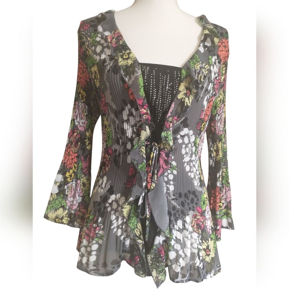 Gray Floral Multi Textured Top